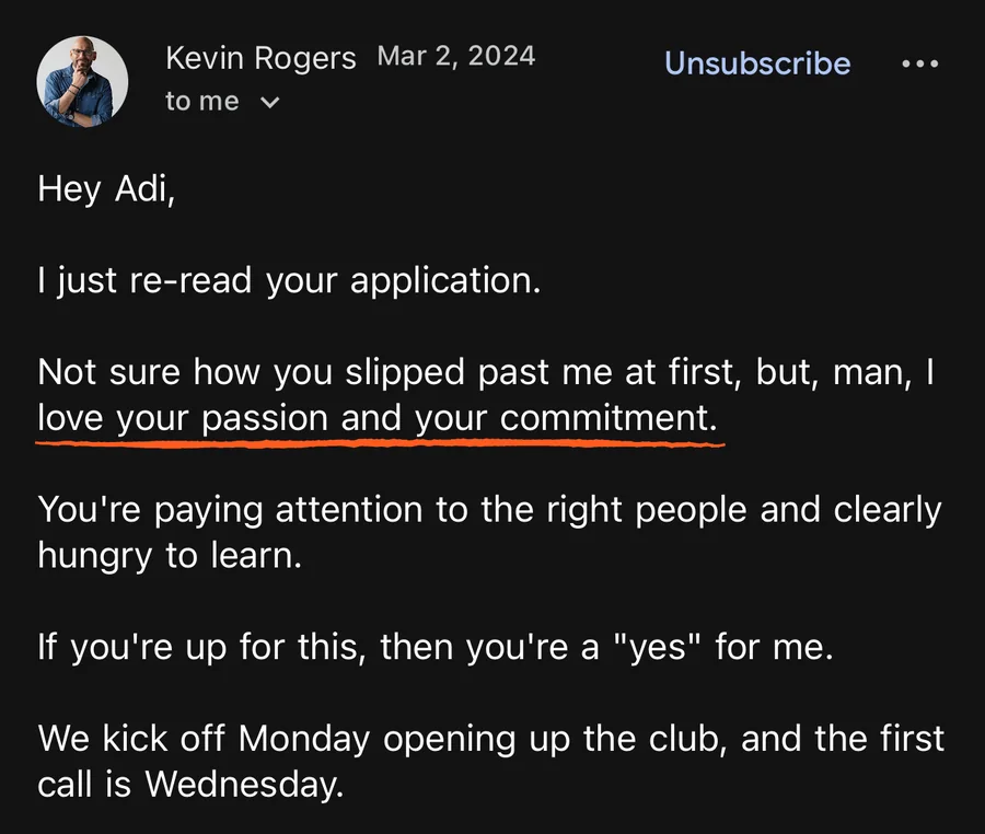 Email from Kevin Rogers, Mar 2, 2024: I love your passion and your commitment