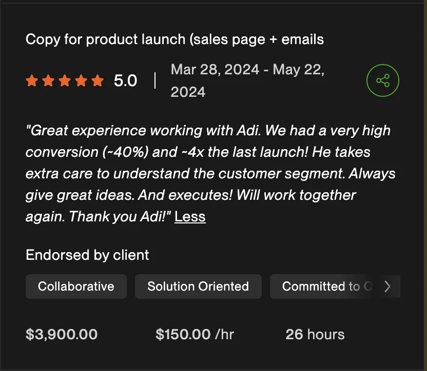 Upwork review, 5 stars, product launch copy: $3,900 at $150 per hour