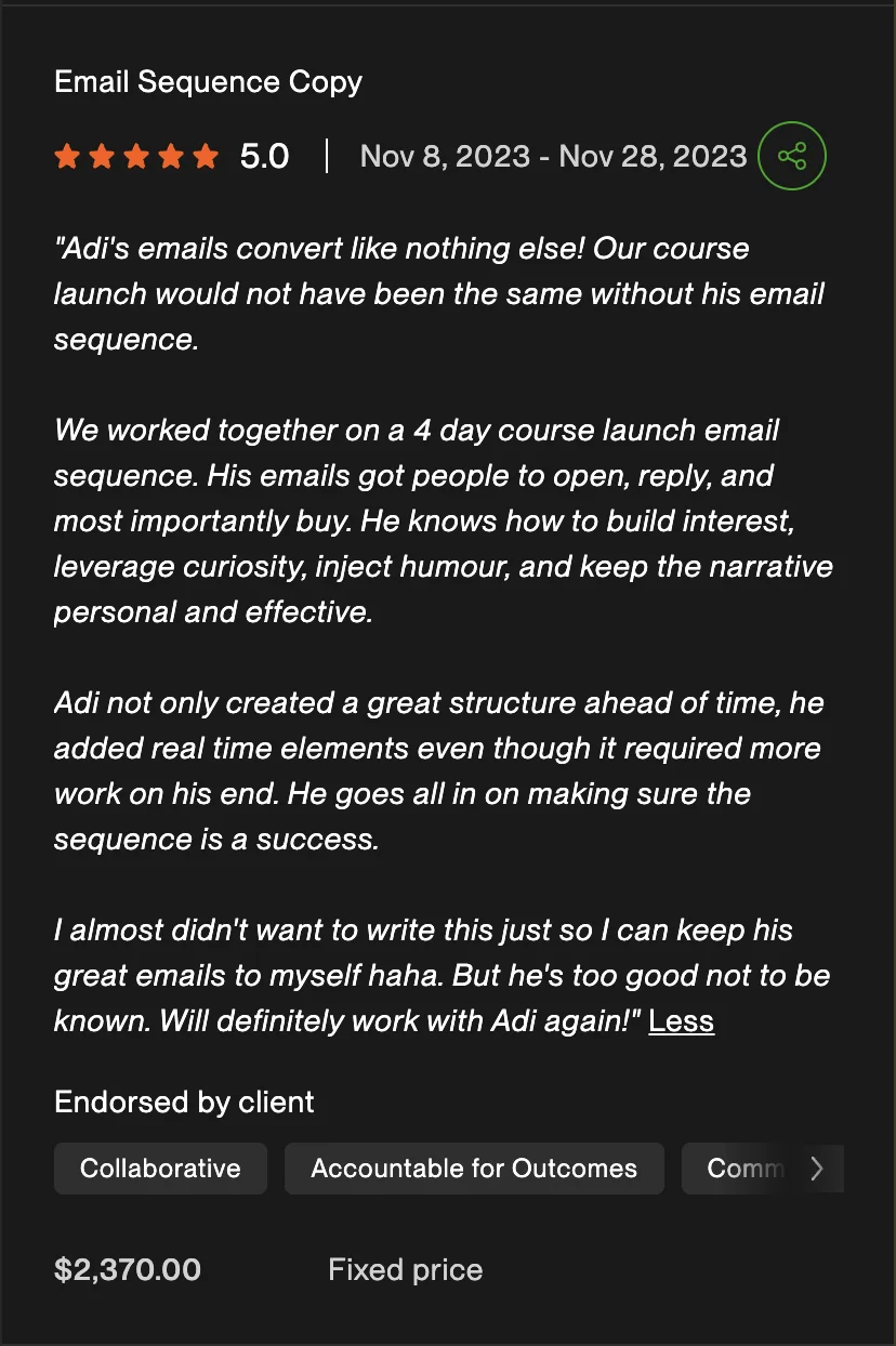 Upwork review, 5 stars, email sequence copy: $2,370 fixed price